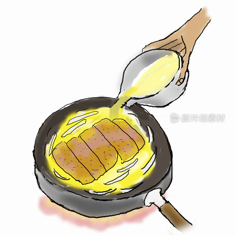 2 .制作猪排饭(用高汤煮熟，与鸡蛋混合。)